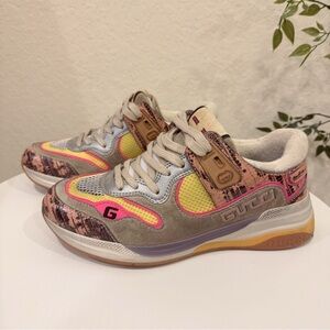 Authentic Gucci Ultrapace Pink Multi Leather Metallic Snake Print Sneaker 36.5